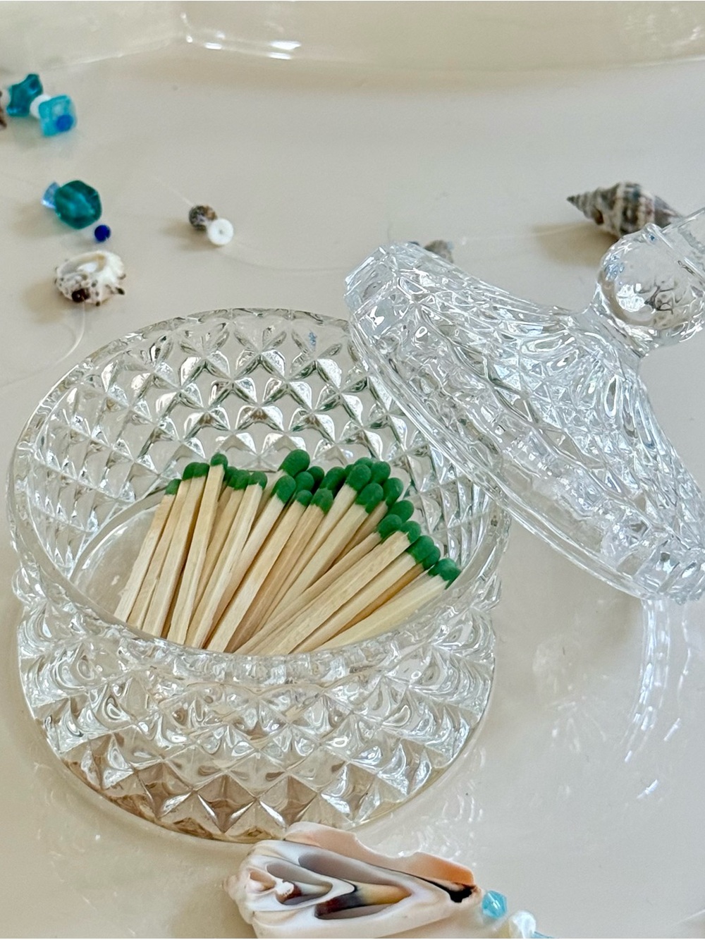 Crystal Glass Match Holder with Lid Striker on Bottom Matches Included